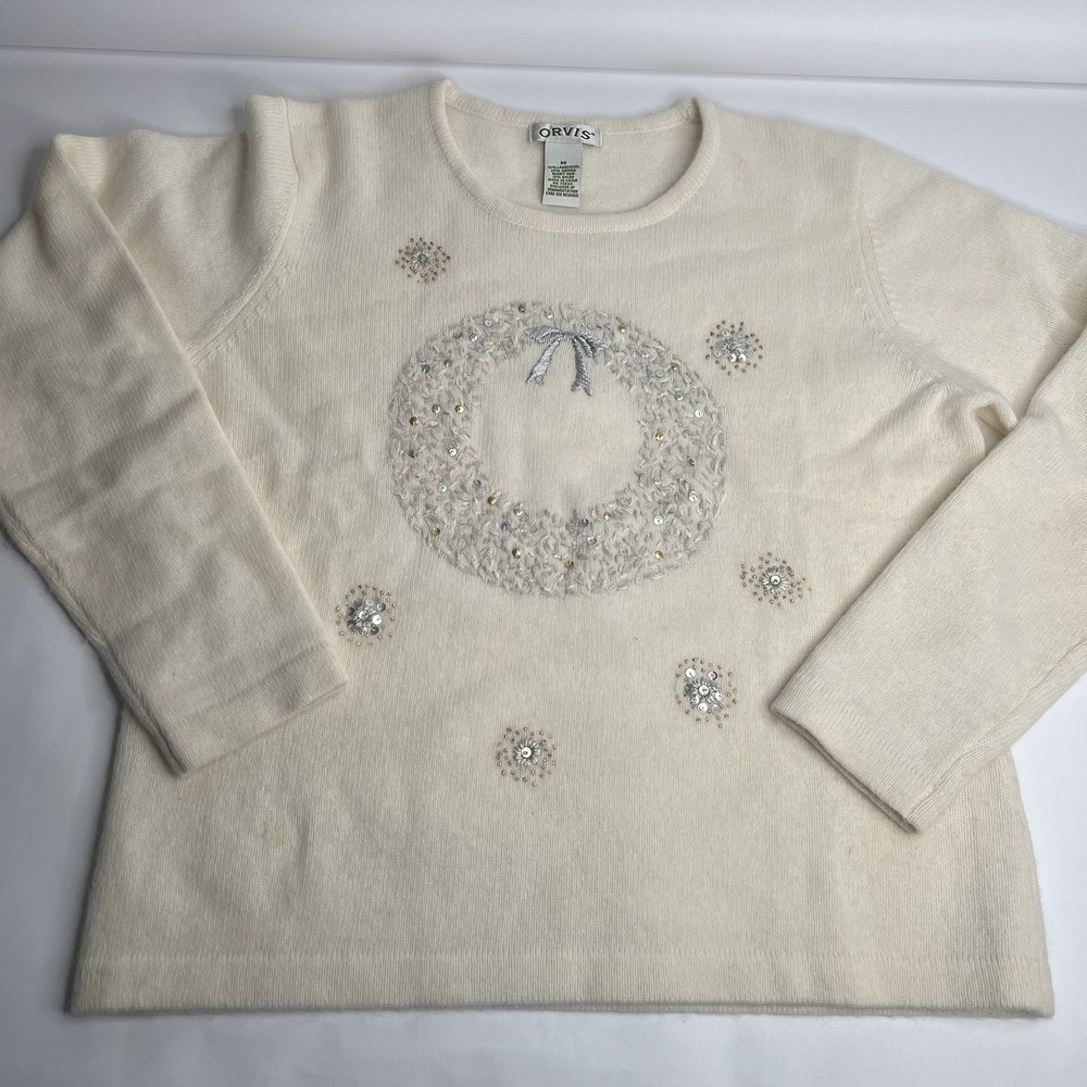 Vintage Orvis Christmas Sweater M Wreath Sequins 90s Lambs Wool Angora Y2K Ugly
